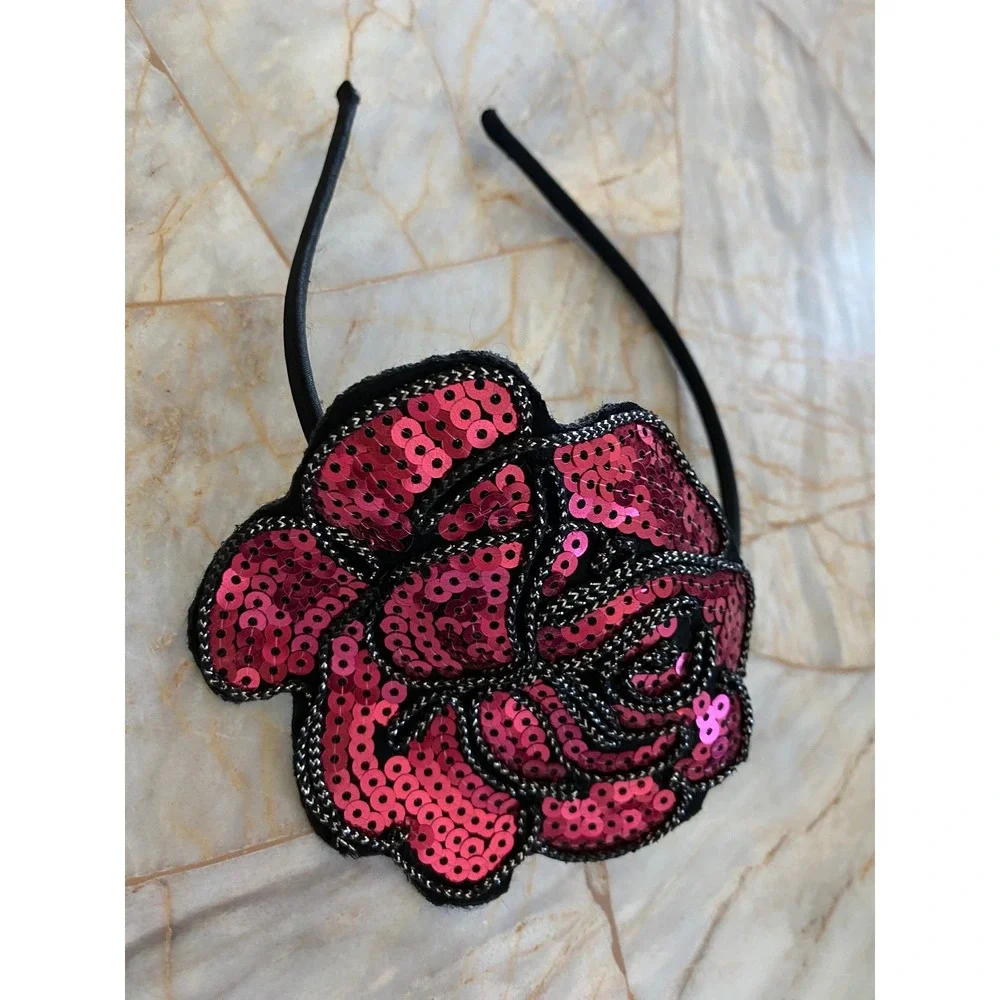 Pink Sequin Rose Statement Headband Black Thin Band Floral Glam Accessory